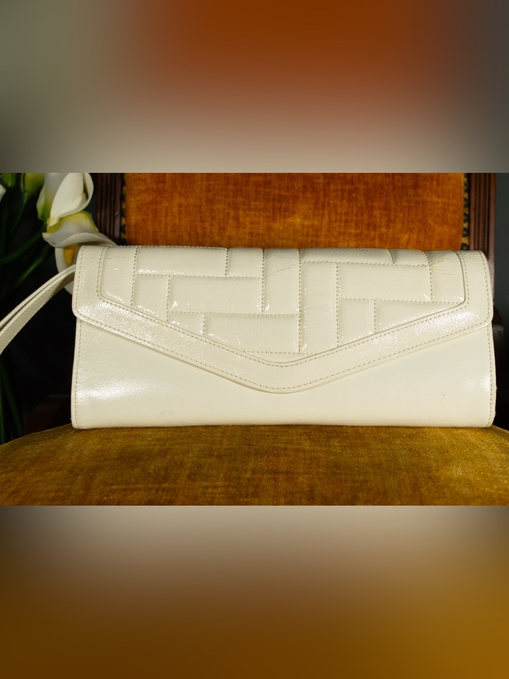 Vintage HOBO International Cream Quilted Patent Leather Envelope Clutch